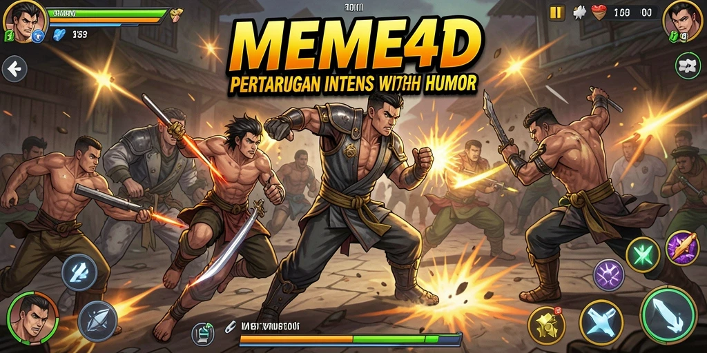 Screenshot menunjukkan pertarungan seru dengan karakter lucu di arena